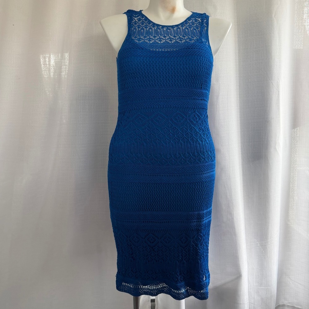 Lauren Ralph Lauren Crochet Linen Blend Dress Size L Cobalt Blue Wedding Party